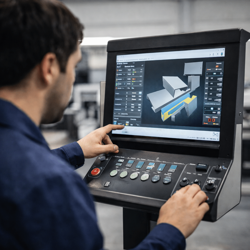 Engineer coordinating sheet metal equipment configuration and technical details