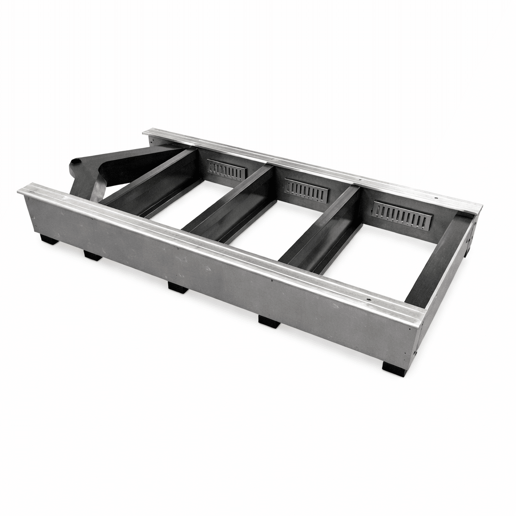 Heavy-duty bed structure ensuring stability and precision for laser cutting.