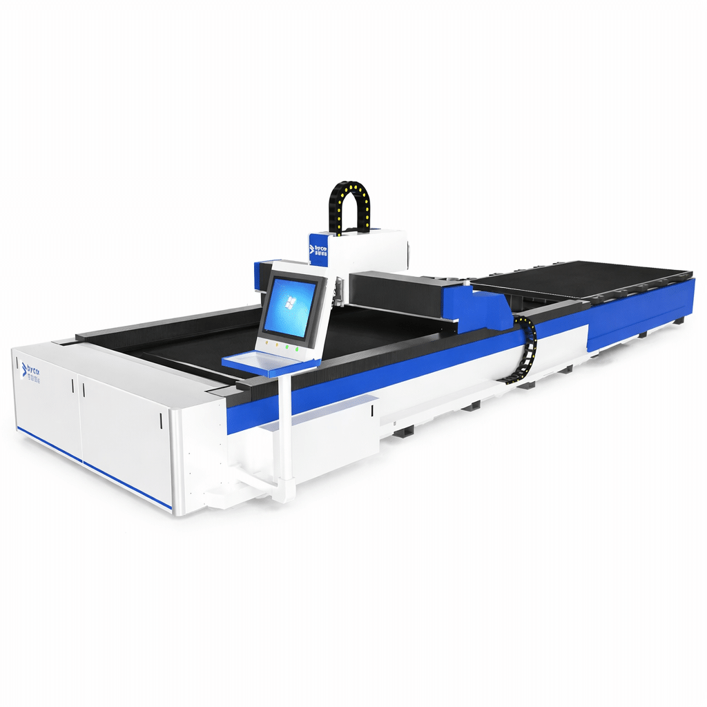 Open Double Table Sheet Laser Cutting Machine with dual exchange tables and touchscreen interface