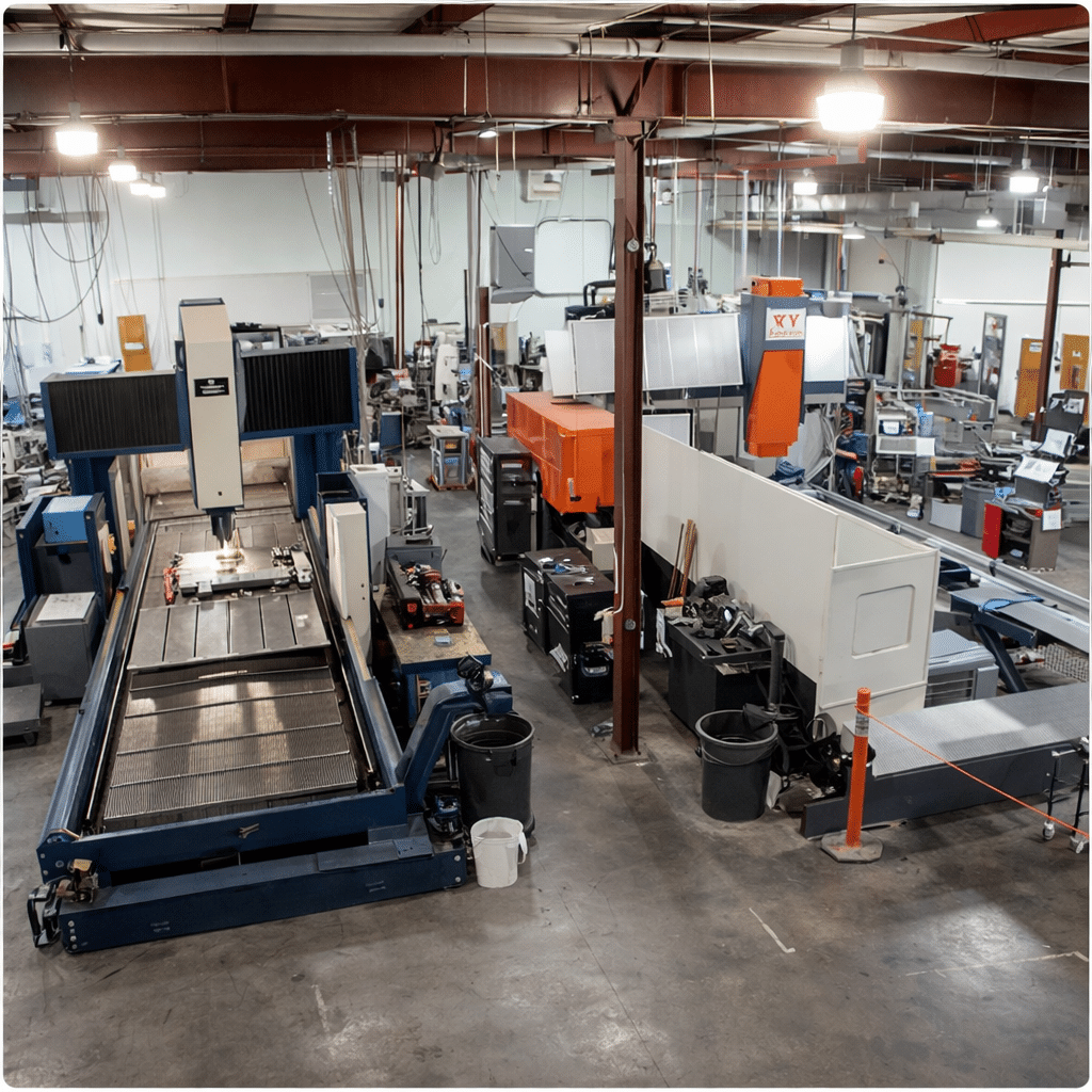 aerospace metal fabrication workshop with laser cutting machine and robotic welding system