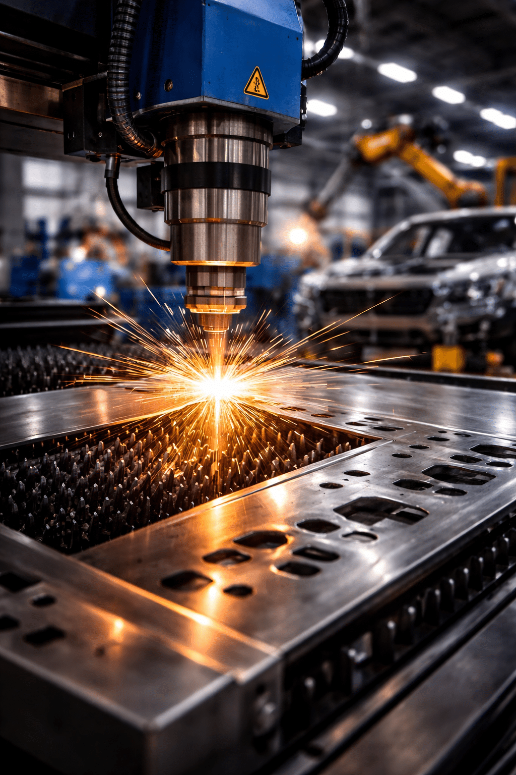 laser cutting machine processing automotive sheet metal with sparks in modern factory