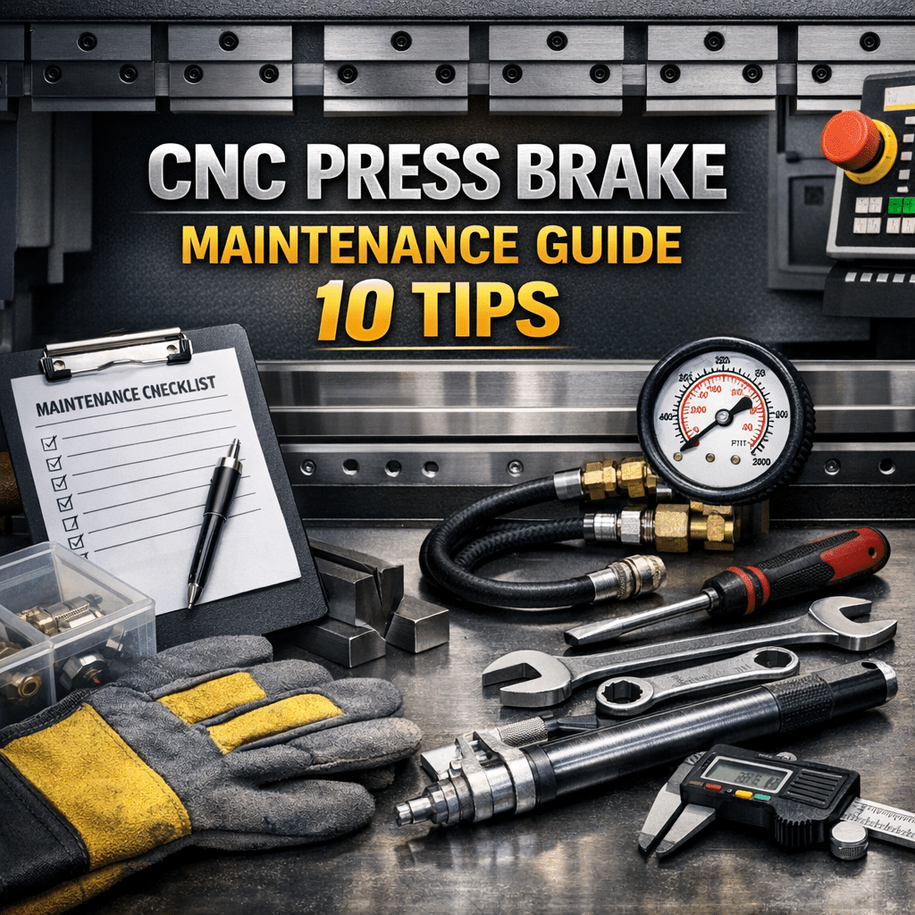 CNC press brake maintenance guide showing tools hydraulic system inspection checklist and industrial bending machine service
