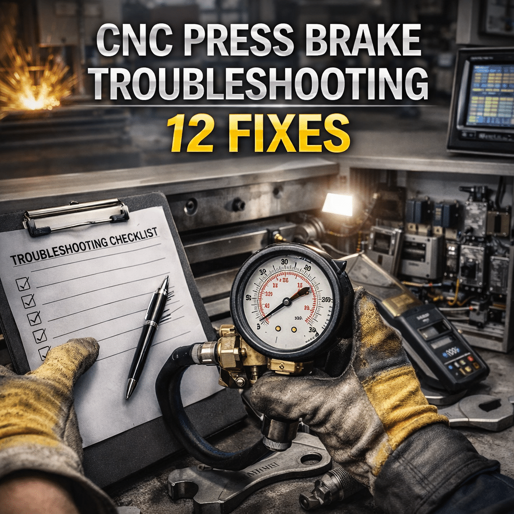 CNC press brake troubleshooting showing hydraulic pressure check and maintenance checklist in industrial workshop