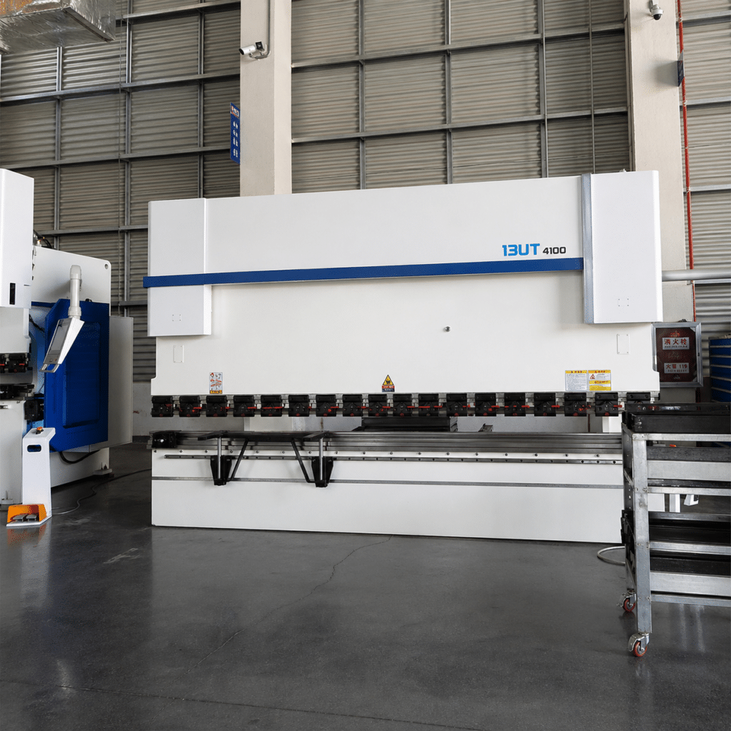 CNC press brake machine with precision tooling setup for accurate metal bending and V-die selection