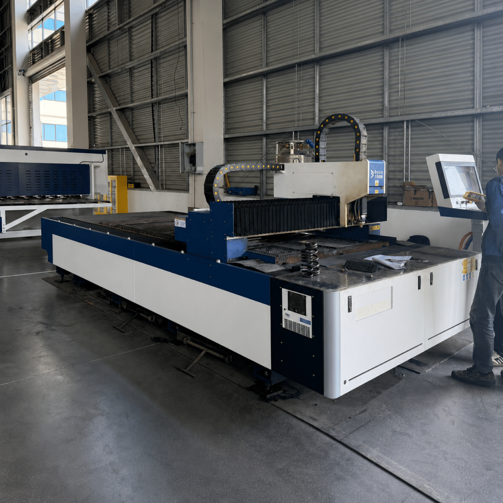 Metal fabrication line cost guide including laser cutting machine and press brake